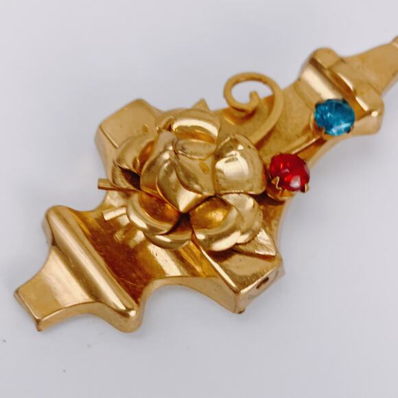 VTG 1940s Mid Century Brooch Pendant Convertible Red Blue Rhinestones Gold Tone - Picture 5 of 11